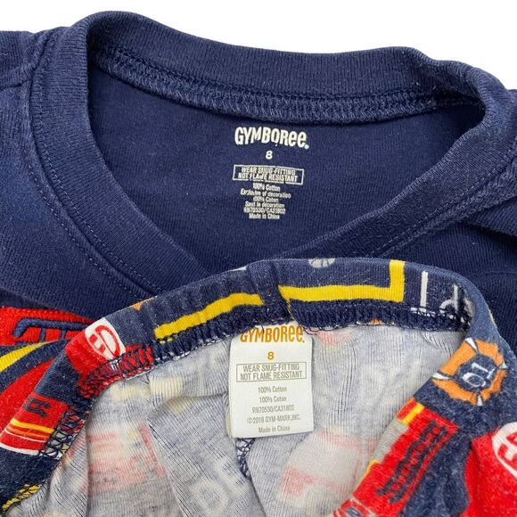 GYMBOREE Fire Truck Embroidered Applique Navy Blue Long John Pajamas Size 8 Kids - Picture 2 of 7